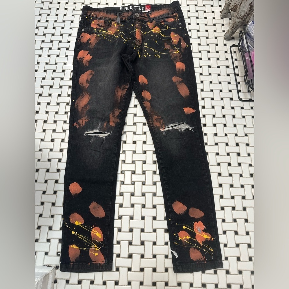 Black Ink Distressed Jeans with Orange and Yellow Paint Splatter